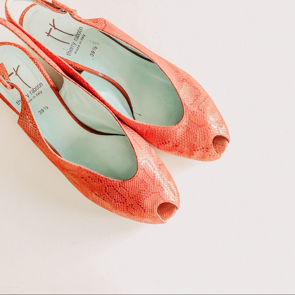 Thierry Rabotin Red Peep Toe Snakeskin Sling Backs